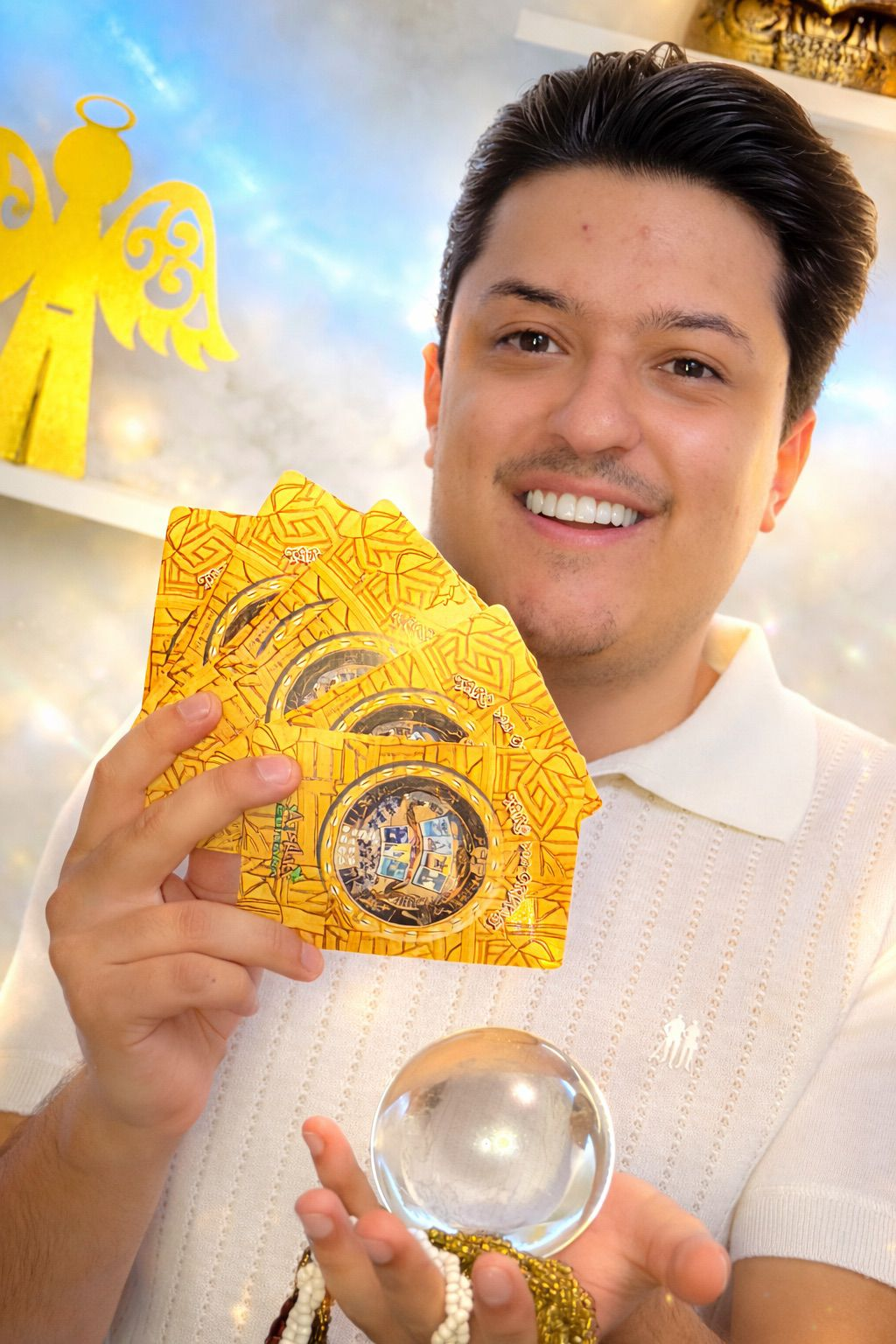 Mesa de leitura com cartas, velas e cristais